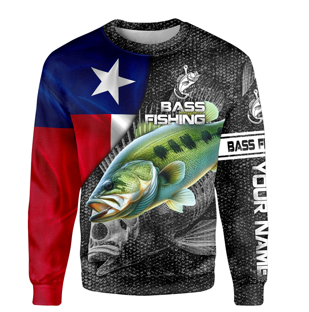 Texas Bass fishing Texas flag patriot Custom name fishing shirts jerseys | Sweatshirt - NPQ873