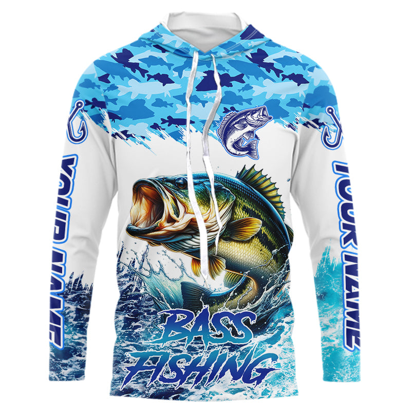 Bass fishing Blue ocean camo Custom UV protection fishing long sleeve shirt, Bass Fishing jerseys NQS9341