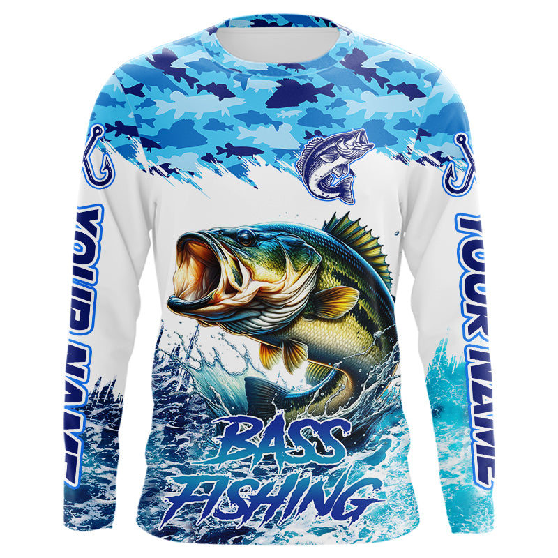 Bass fishing Blue ocean camo Custom UV protection fishing long sleeve shirt, Bass Fishing jerseys NQS9341