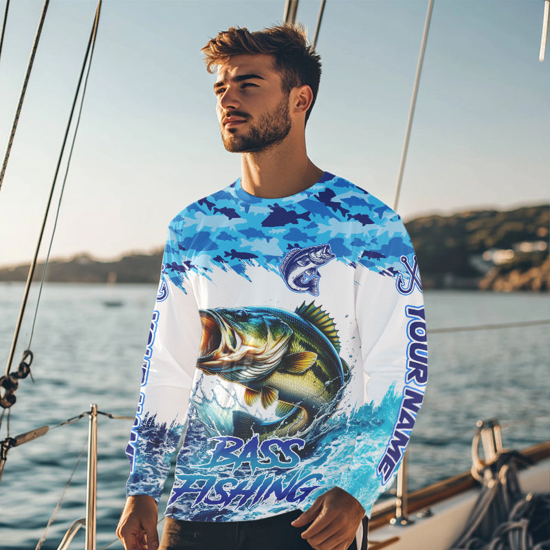 Bass fishing Blue ocean camo Custom UV protection fishing long sleeve shirt, Bass Fishing jerseys NQS9341