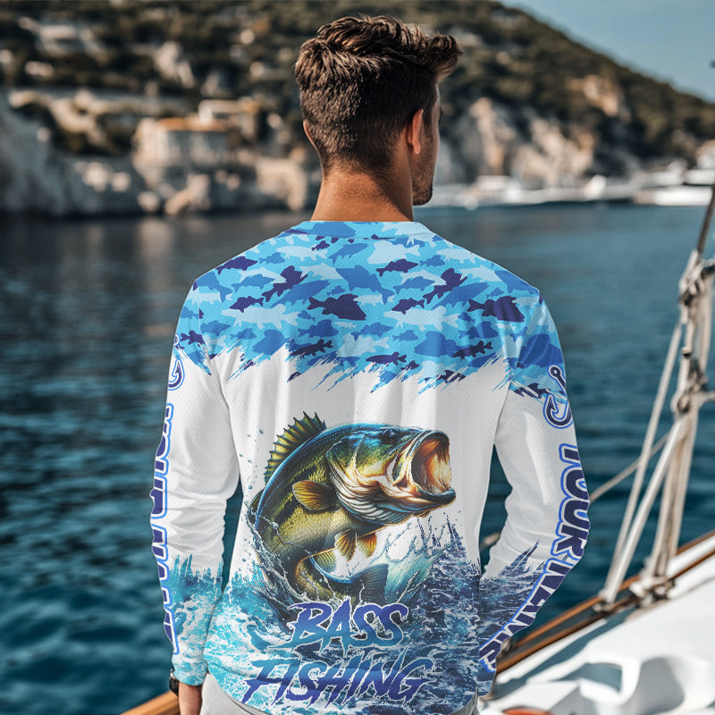 Bass fishing Blue ocean camo Custom UV protection fishing long sleeve shirt, Bass Fishing jerseys NQS9341