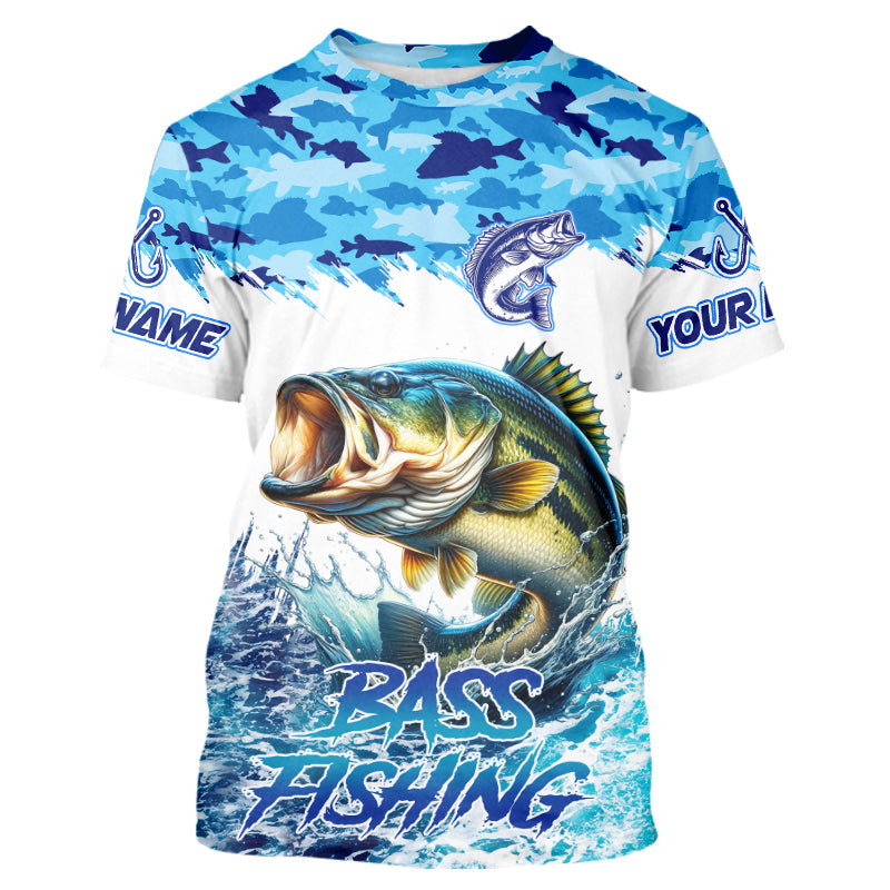 Bass fishing Blue ocean camo Custom UV protection Fishing T-Shirts, Bass Fishing jerseys NQS9341