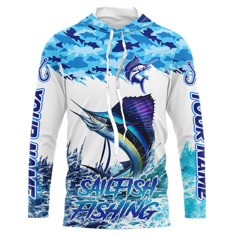 Sailfish fishing Blue sea camo Custom UV protection fishing long sleeve shirt, Sailfish Fishing jersey NQS9342