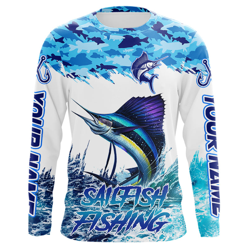 Sailfish fishing Blue sea camo Custom UV protection fishing long sleeve shirt, Sailfish Fishing jersey NQS9342