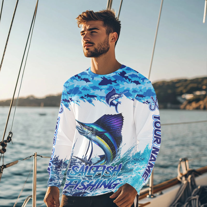 Sailfish fishing Blue sea camo Custom UV protection fishing long sleeve shirt, Sailfish Fishing jersey NQS9342