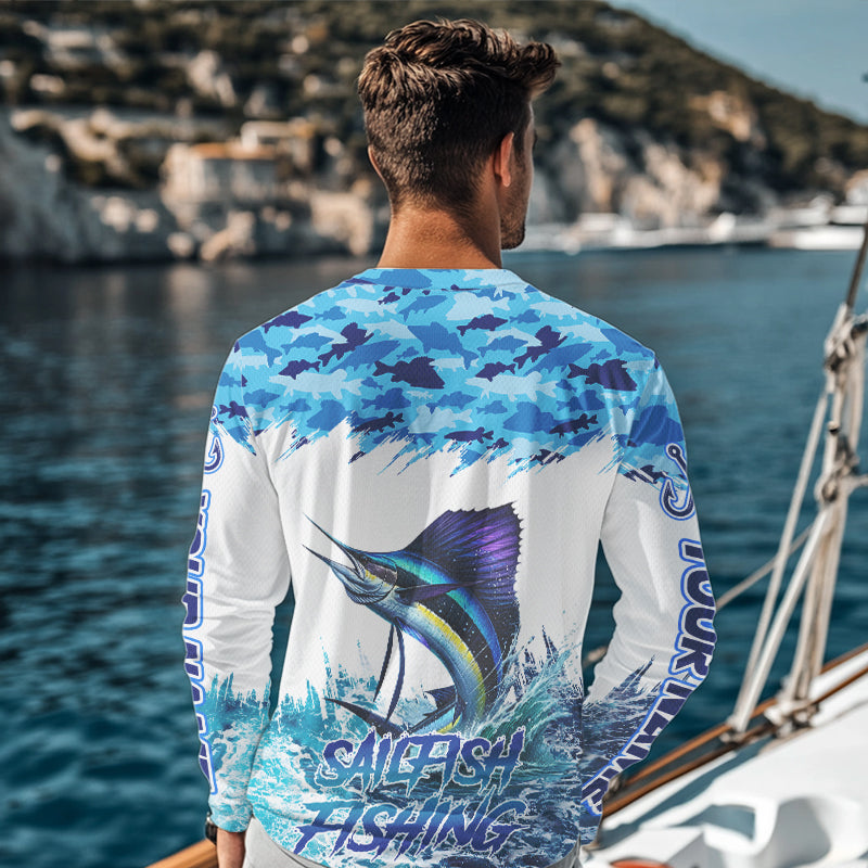 Sailfish fishing Blue sea camo Custom UV protection fishing long sleeve shirt, Sailfish Fishing jersey NQS9342