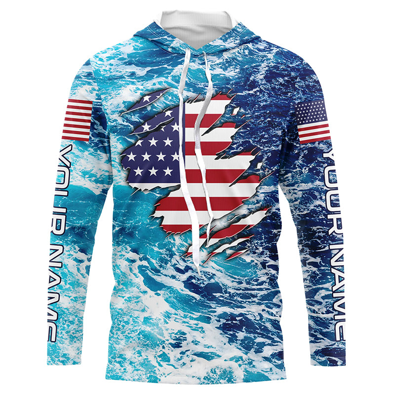 Blue sea wave ocean camo American flag patriot shirt Custom sun protection fishing long sleeve shirts NQS5429