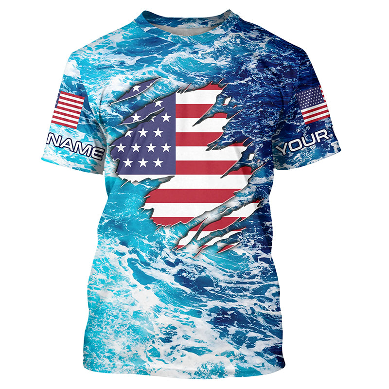 Blue sea wave ocean camo American flag patriot shirt Custom sun protection Fishing T-shirt NQS5429