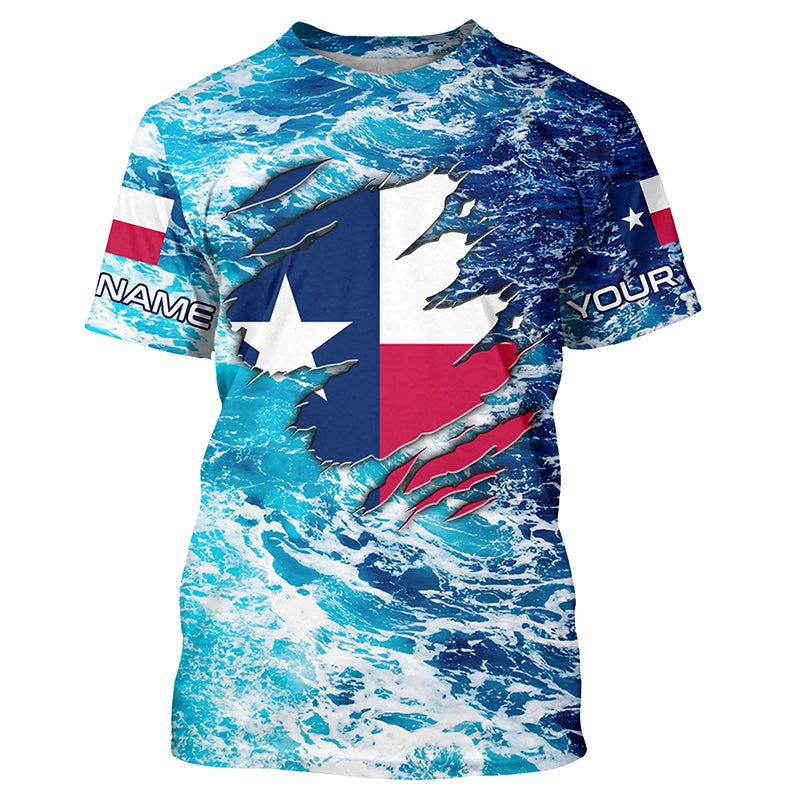 Blue sea wave ocean camo Texas flag patriot shirt Custom sun protection Fishing T-shirt NQS5430