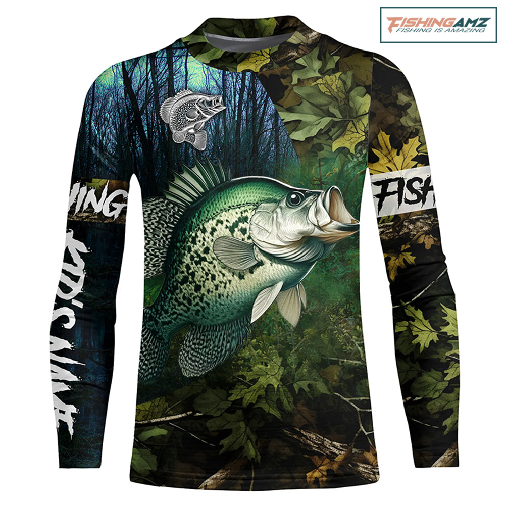 Crappie Fishing green camo Custom name Performance Long Sleeve fishing shirts for kid NQSD92