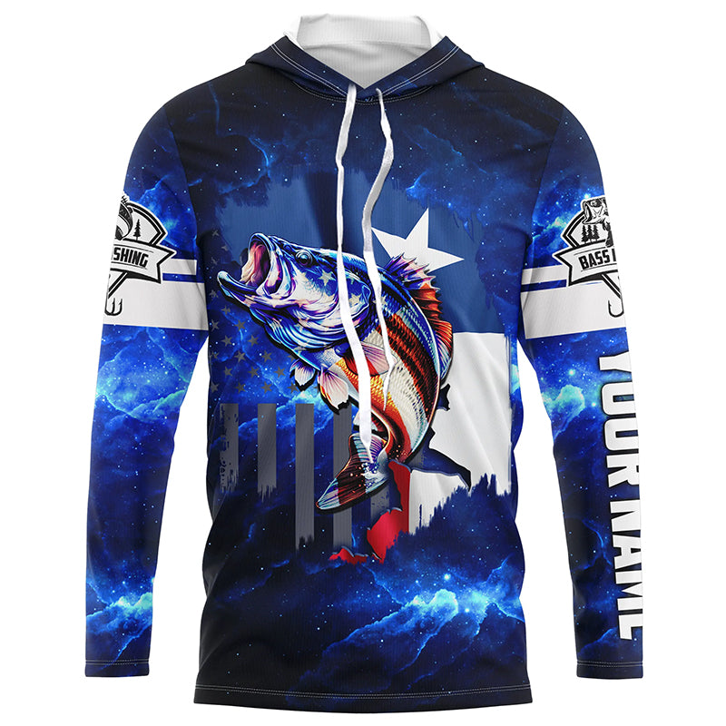 Texas Flag TX Bass Fishing US blue galaxy Customize Name long sleeves fishing shirt for men, women NPQ76