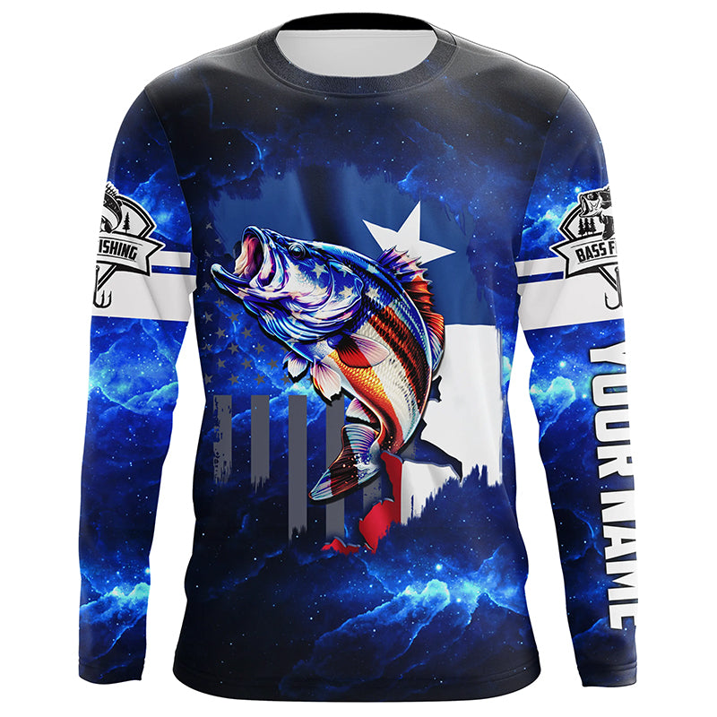 Texas Flag TX Bass Fishing US blue galaxy Customize Name long sleeves fishing shirt for men, women NPQ76