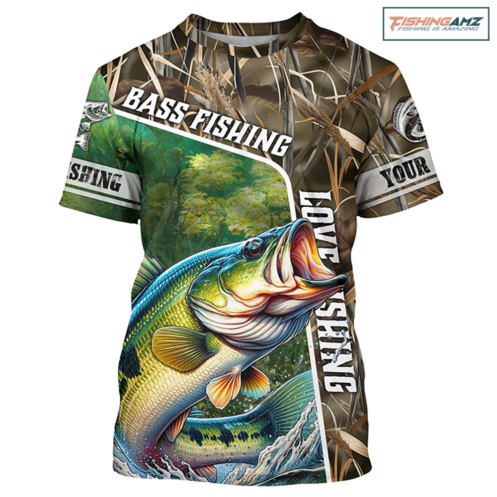 Personalized Bass Fishing camo Customize Name All-over Print Unisex fishing T-shirt NPQ14