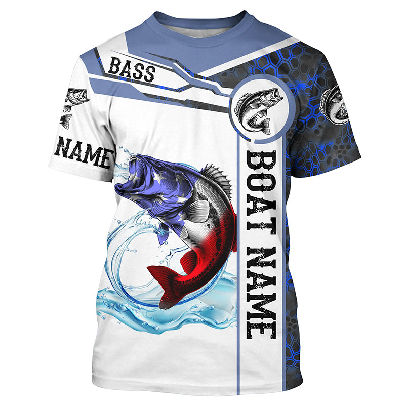 Bass Fishing blue camo American Flag Custom name & boat name performance Fishing T-shirt NQS5190