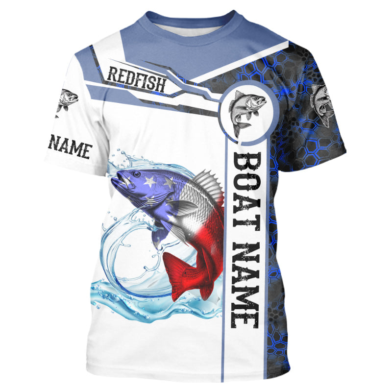 Redfish Fishing blue camo American Flag Custom name & boat name performance Fishing T-shirt NQS5191