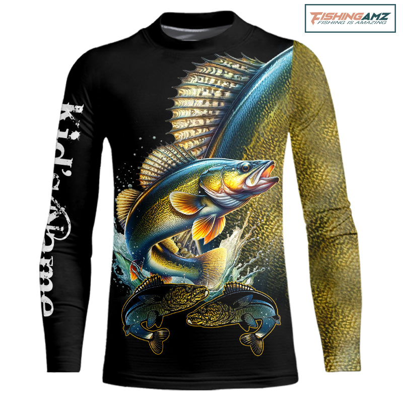 Walleye fishing yellow scales Custom walleye Kid Long Sleeve Fishing Shirts tournament fishing jersey NQS11031