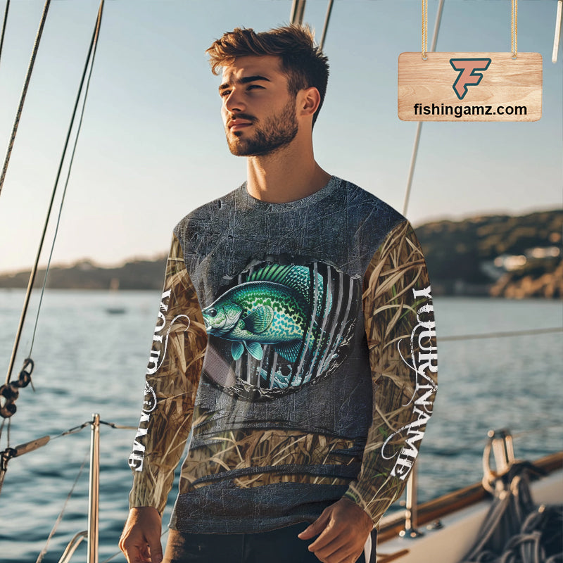 Crappie fishing camo metal grunge pattern Custom Crappie fishing shirts tournament fishing jerseys NQS11032