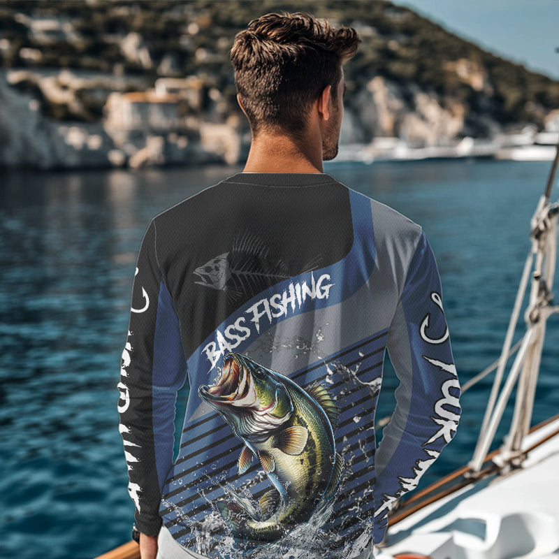 Largemouth Bass fishing Custom UV protection fishing long sleeve shirt, Bass Fishing jerseys | Blue NQS9351