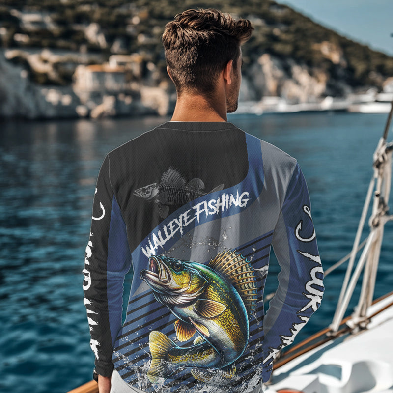 Walleye fishing Custom UV protection fishing long sleeve shirt, Walleye Fishing jerseys | Blue NQS9352