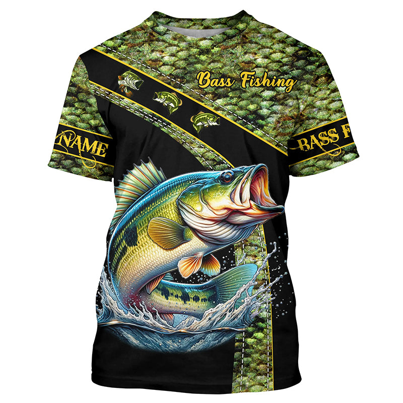 Largemouth Bass fishing green bass scales Custom name fishing Tshirt jerseys, Bass fishing Tshirt NQS4888