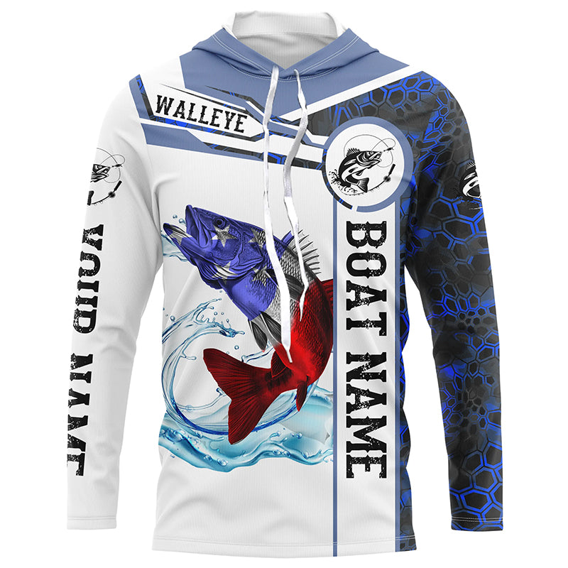 Walleye Fishing blue camo American Flag Custom name and boat name Long sleeve, Long Sleeve Hooded NPQ758