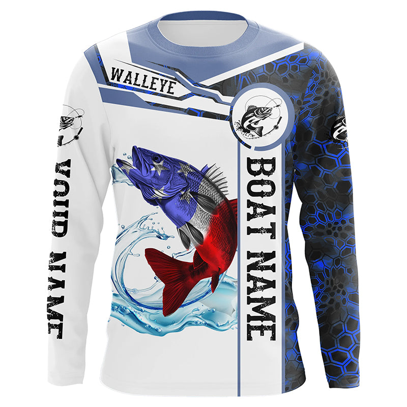 Walleye Fishing blue camo American Flag Custom name and boat name Long sleeve, Long Sleeve Hooded NPQ758