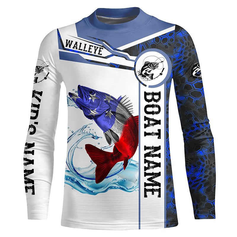 Walleye Fishing blue camo American Flag Custom name and boat name fishing jerseys | Kid Long Sleeves NPQ758