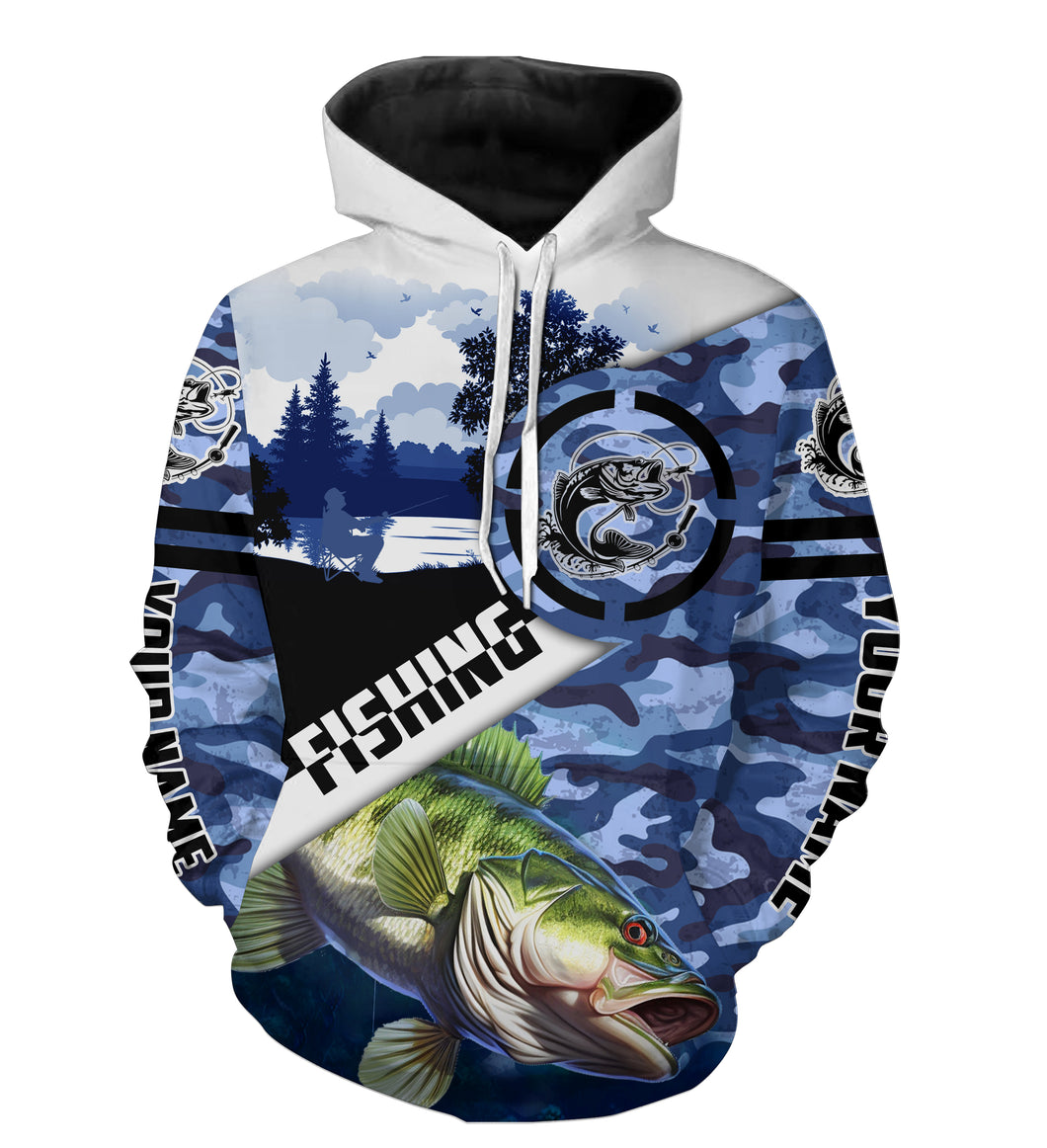 Largemouth Bass fishing blue camouflage Customize fishing hoodie, gift for fisherman NPQ452
