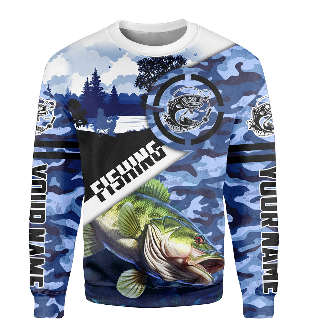 Largemouth Bass fishing blue camouflage Customize Sweatshirt, gift for fisherman NPQ452
