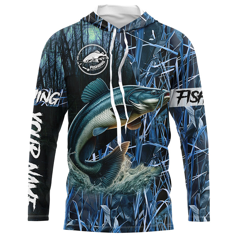 Catfish fishing blue camouflage fishing clothing Custom name long sleeves fishing shirt for men NPQ453