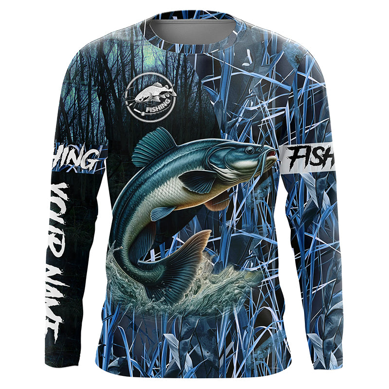 Catfish fishing blue camouflage fishing clothing Custom name long sleeves fishing shirt for men NPQ453