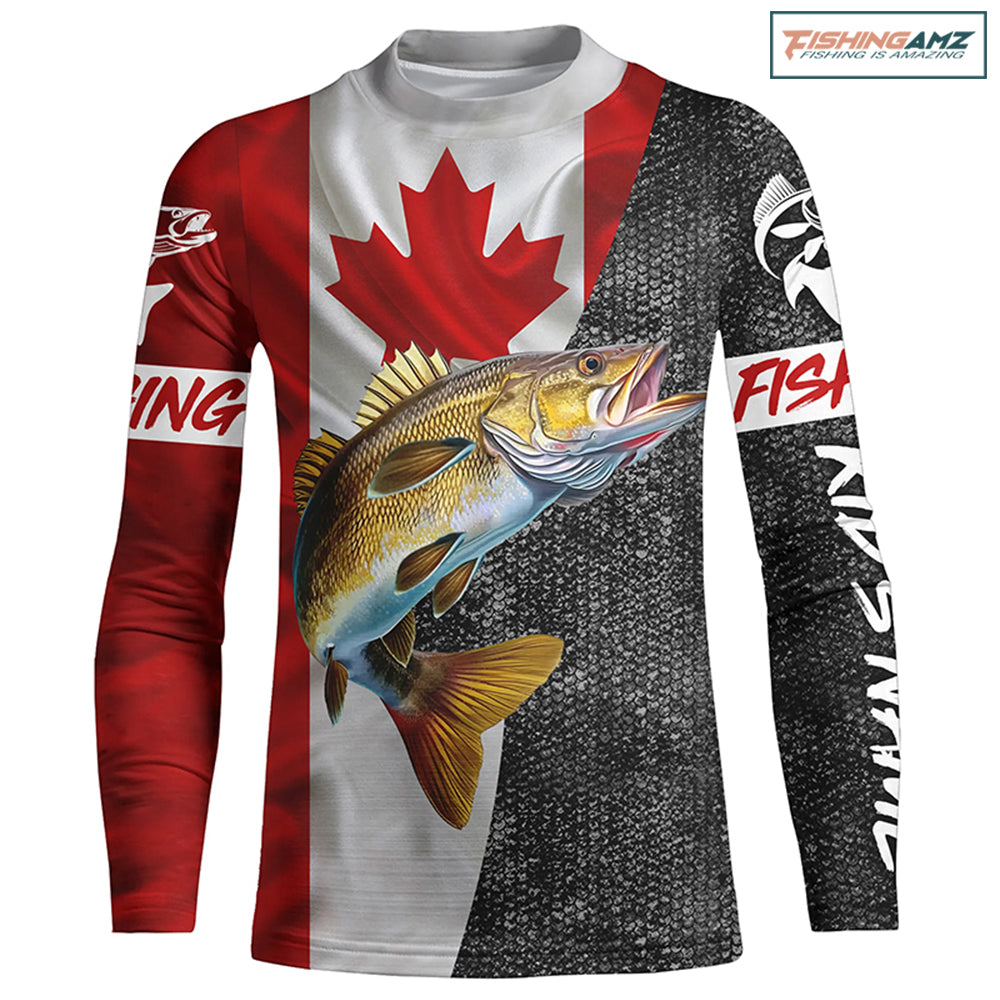 Personalized Walleye Fishing Jerseys, Custom Canadian flag Walleye fishing Kid Long Sleeves shirts NQS4897
