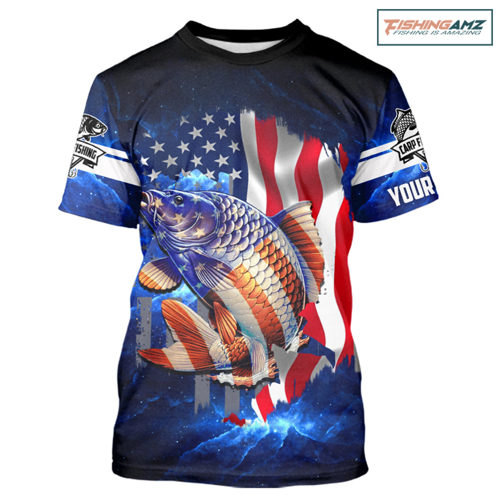 Carp Fishing 3D blue American Flag patriotic Customize Name All-over Print Unisex fishing T-shirt NPQ102
