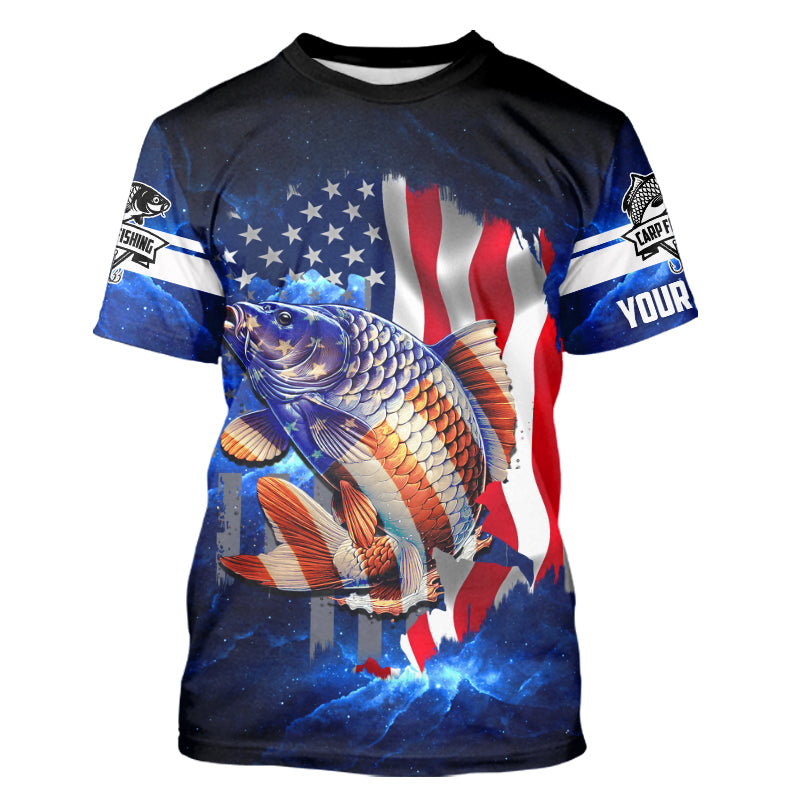 Carp Fishing 3D blue American Flag patriotic Customize Name All-over Print Unisex fishing T-shirt NPQ102