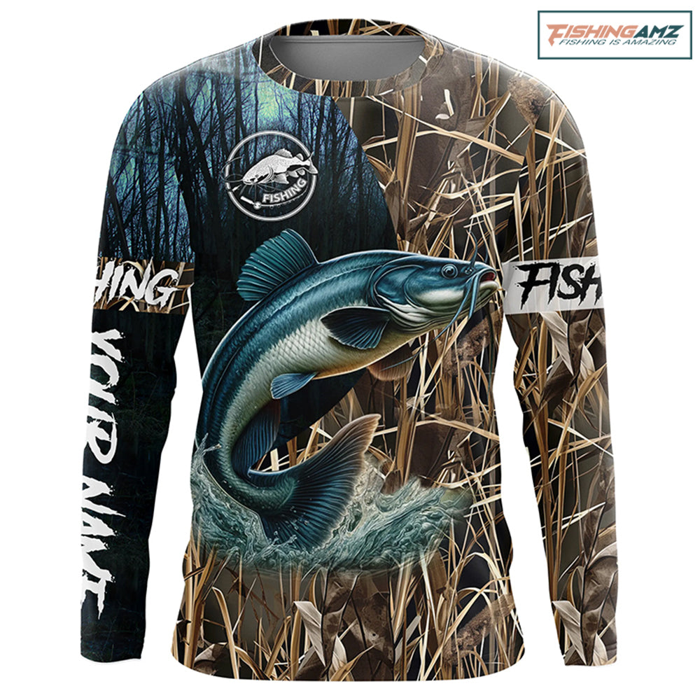 Catfish Fishing Camo performance fishing shirt UV protection Custom name long sleeves fishing shirt NPQ4