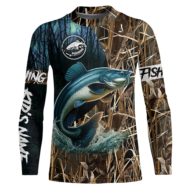 Catfish Fishing Camo performance fishing shirt UV protection Custom name Kid long sleeves NPQ4