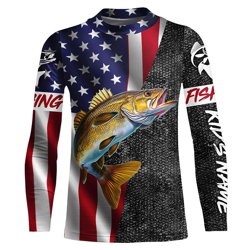 Personalized Walleye Fishing Jerseys, Custom American flag Walleye fishing Kid Long Sleeves shirts NQS4925