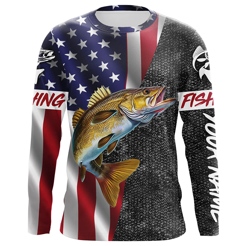 Personalized Walleye Fishing Jerseys, Custom American flag Walleye Long sleeve, Long Sleeve Hooded NQS4925