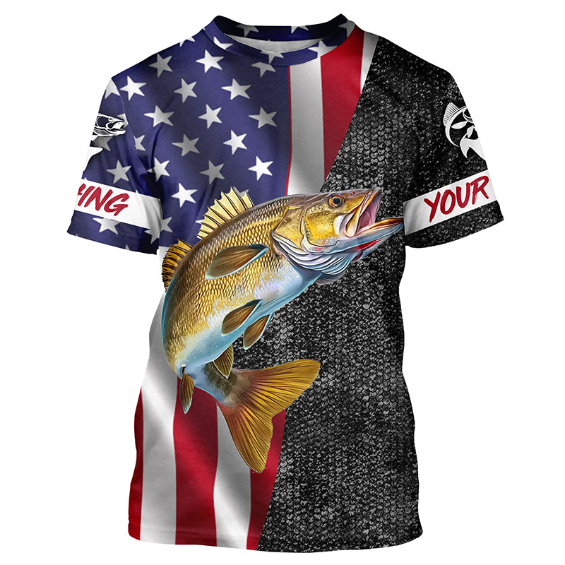 Personalized Walleye Fishing Jerseys, Custom American flag Walleye fishing shirts | T-shirt NQS4925