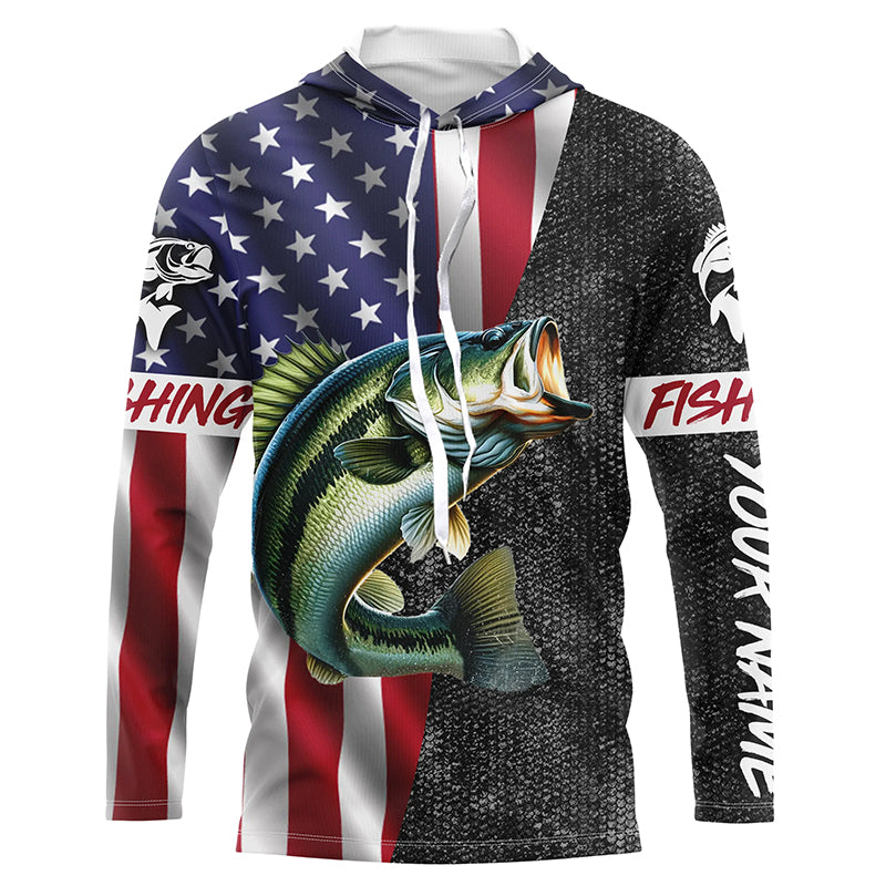 Personalized Bass Fishing Jerseys, Custom American flag Bass fishing Long sleeve, Long Sleeve Hooded NQS4926