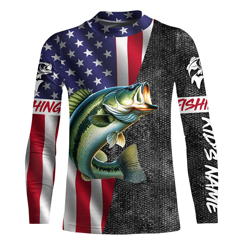 Personalized Bass Fishing Jerseys, Custom American flag Bass fishing shirts | Kid Long Sleeves shirts NQS4926