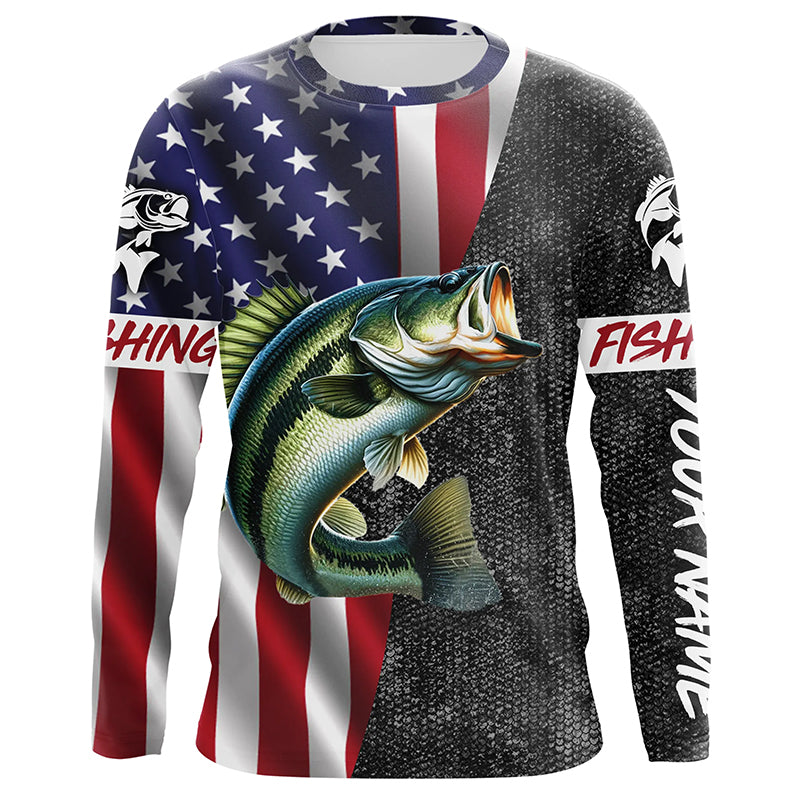 Personalized Bass Fishing Jerseys, Custom American flag Bass fishing Long sleeve, Long Sleeve Hooded NQS4926