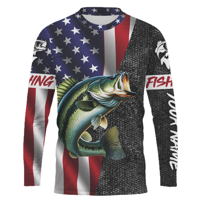 Personalized Bass Fishing Jerseys, Custom American flag Bass fishing Long sleeve, Long Sleeve Hooded NQS4926