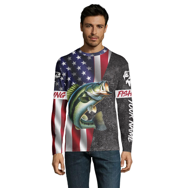 Personalized Bass Fishing Jerseys, Custom American flag Bass fishing Long sleeve, Long Sleeve Hooded NQS4926