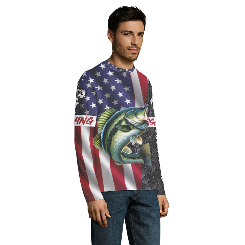 Personalized Bass Fishing Jerseys, Custom American flag Bass fishing Long sleeve, Long Sleeve Hooded NQS4926