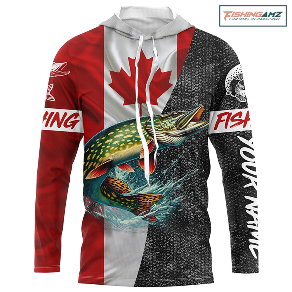 Personalized Northern pike Fishing Jerseys, Custom Canadian flag Pike Long sleeve, Long Sleeve Hooded NQS4927