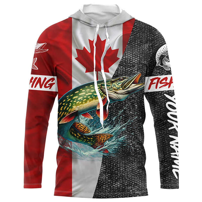 Personalized Northern pike Fishing Jerseys, Custom Canadian flag Pike Long sleeve, Long Sleeve Hooded NQS4927