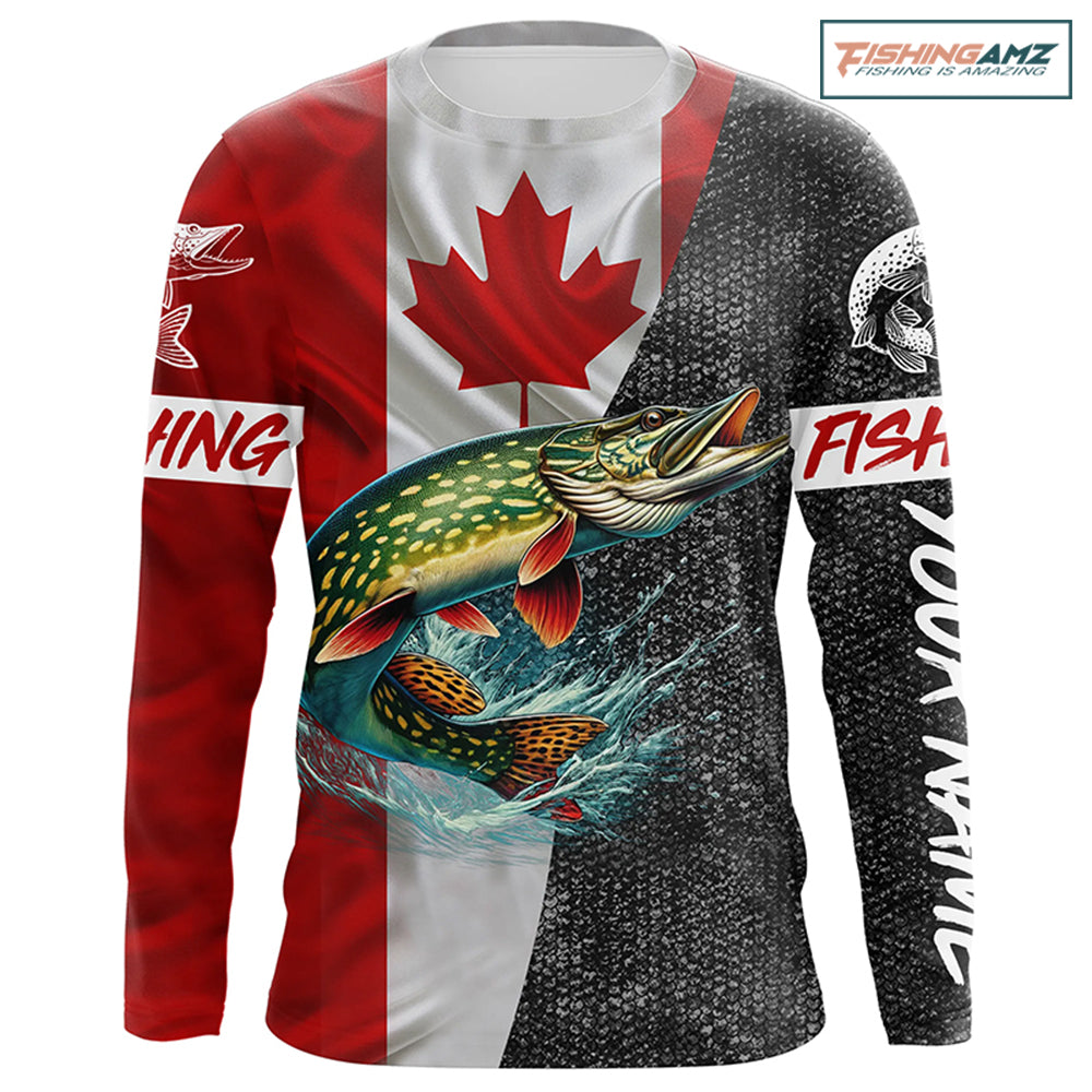 Personalized Northern pike Fishing Jerseys, Custom Canadian flag Pike Long sleeve, Long Sleeve Hooded NQS4927