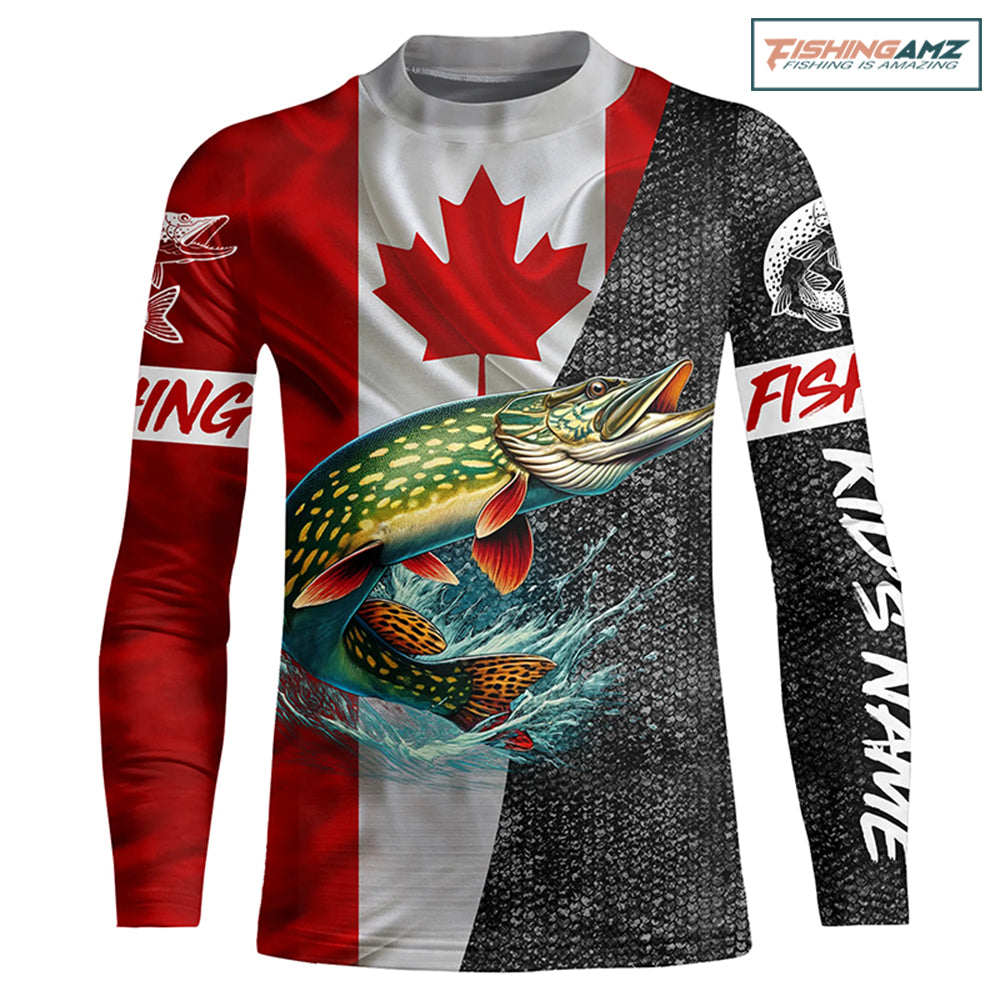 Personalized Northern pike Fishing Jerseys, Custom Canadian flag Pike fishing Kid Long Sleeves shirts NQS4927