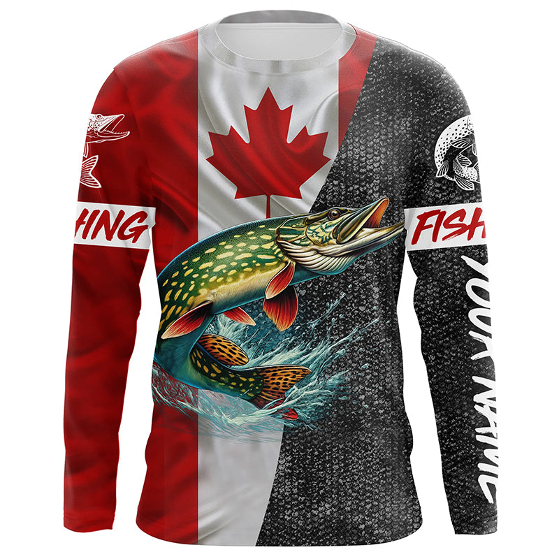 Personalized Northern pike Fishing Jerseys, Custom Canadian flag Pike Long sleeve, Long Sleeve Hooded NQS4927
